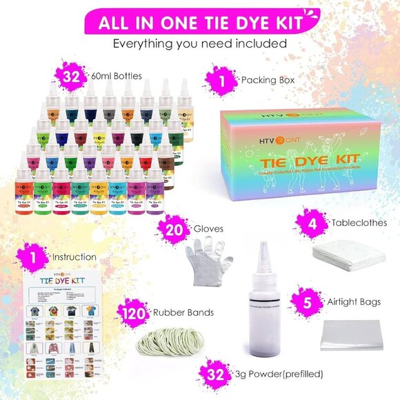 - 32 Vibrant Colors Pre-Filled Bottles Tyedyedye Kit, Permanent Non-Toxic for La - Picture 3 of 6